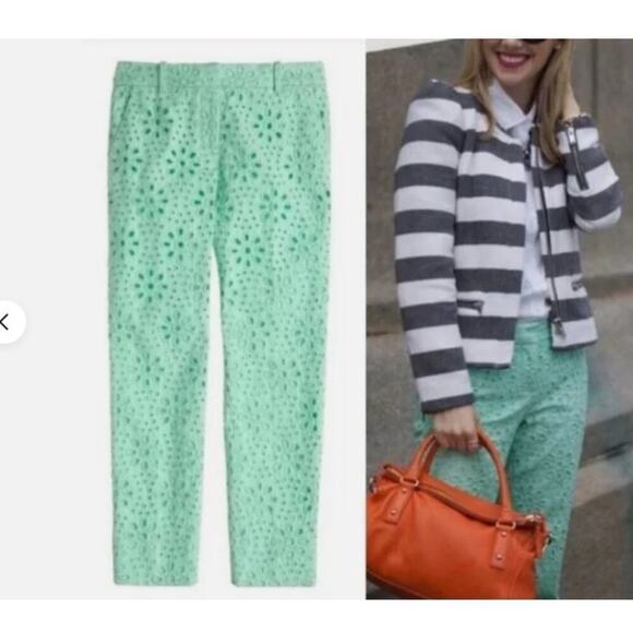 NWOT Eyelet J.Crew Mint Seersucker Pinwheel Cafe Capri Pants 2 - Picture 1 of 9